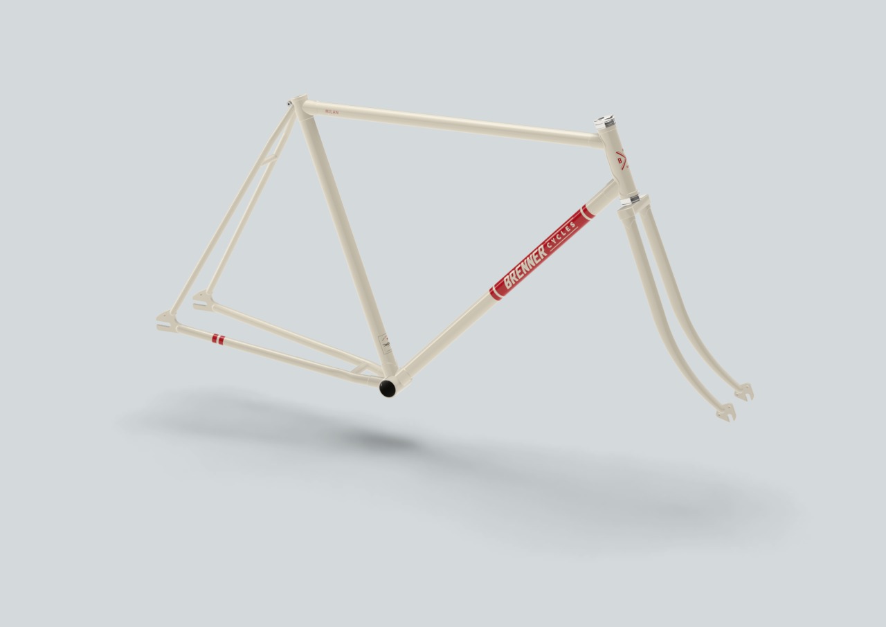 Fahrradrahmen in Creme mit rotem Schriftzug als 3D-Modell